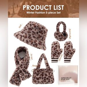 5 Piece, Faux Fur Bucket Hat and Glove Set,